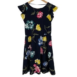 Joe Fresh Floral Spring Dress Womens S Navy Blue Colourful Flowers So Cute! EUC